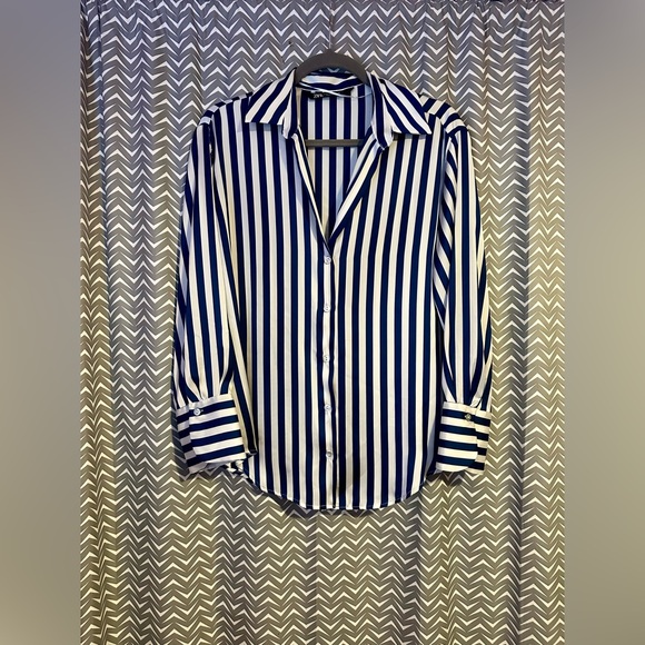 Zara | Blue and White Striped Satin Button Up, Size S - Picture 3 of 7